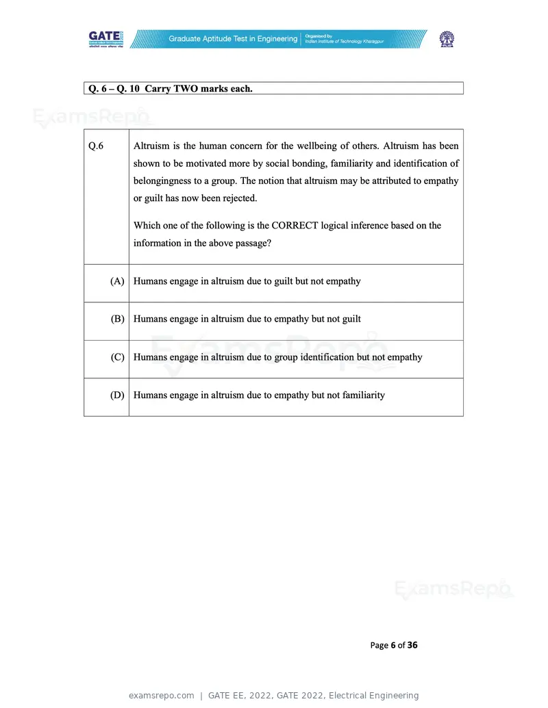 GATE EE 2022 question paper, GATE 2022, Electrical Engineering, page 6 of 38