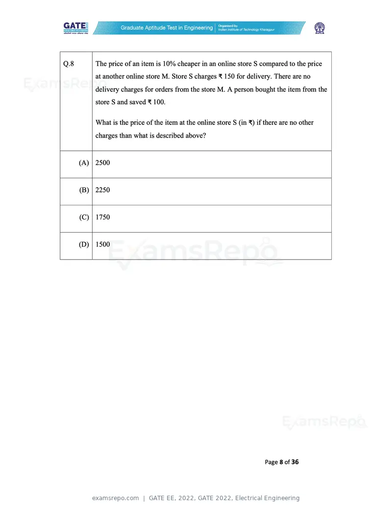 GATE EE 2022 question paper, GATE 2022, Electrical Engineering, page 8 of 38
