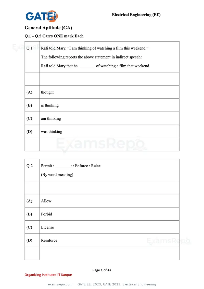 GATE EE 2023 question paper, GATE 2023, Electrical Engineering, page 1 of 42