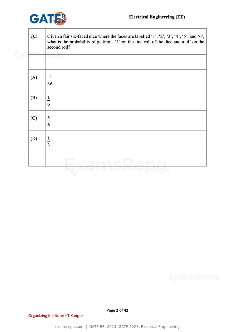 GATE EE 2023 question paper, GATE 2023, Electrical Engineering, page 2 of 42