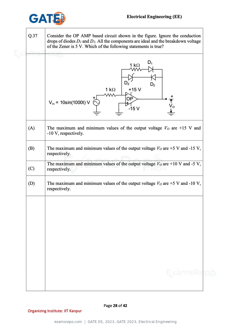 GATE EE 2023 question paper, GATE 2023, Electrical Engineering, page 28 of 42