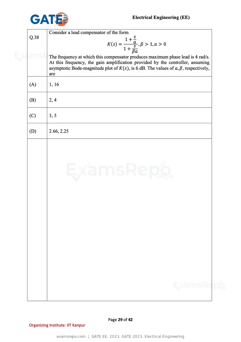 GATE EE 2023 question paper, GATE 2023, Electrical Engineering, page 29 of 42