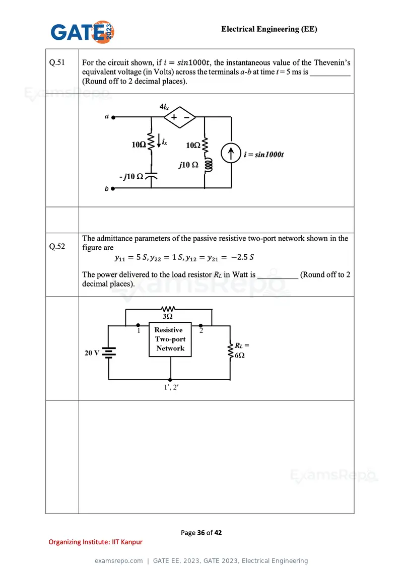 GATE EE 2023 question paper, GATE 2023, Electrical Engineering, page 36 of 42