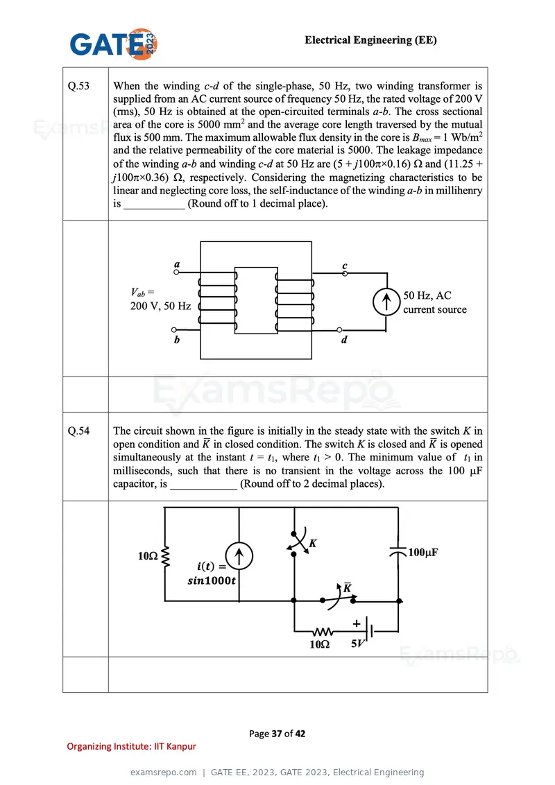 GATE EE 2023 question paper, GATE 2023, Electrical Engineering, page 37 of 42