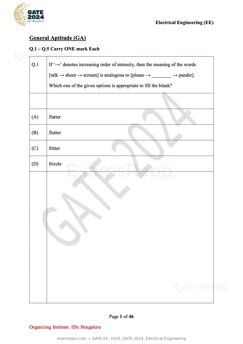 GATE EE 2024 question paper, GATE 2024, Electrical Engineering, page 1 of 46