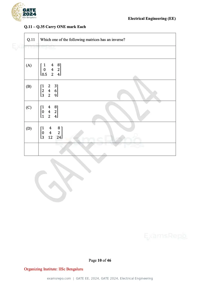 GATE EE 2024 question paper, GATE 2024, Electrical Engineering, page 10 of 46