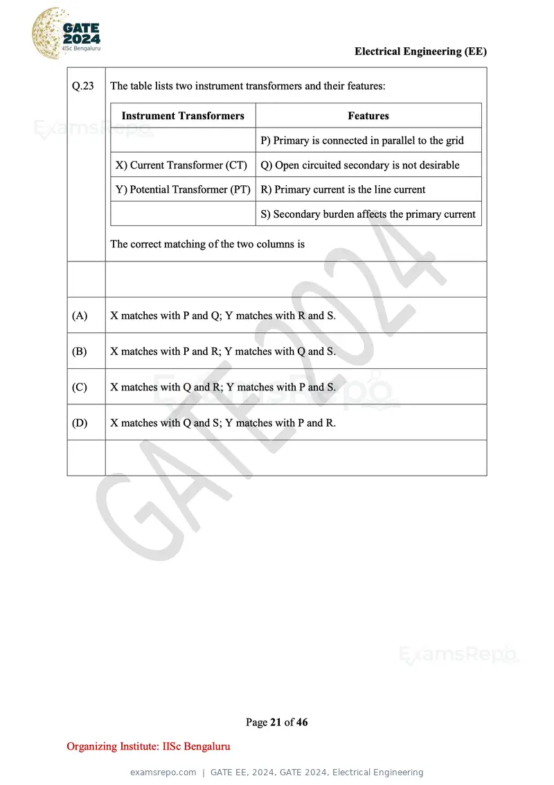 GATE EE 2024 question paper, GATE 2024, Electrical Engineering, page 21 of 46
