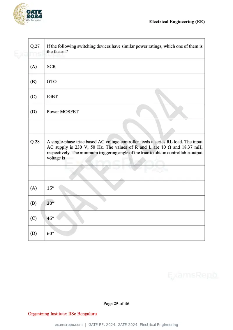 GATE EE 2024 question paper, GATE 2024, Electrical Engineering, page 25 of 46