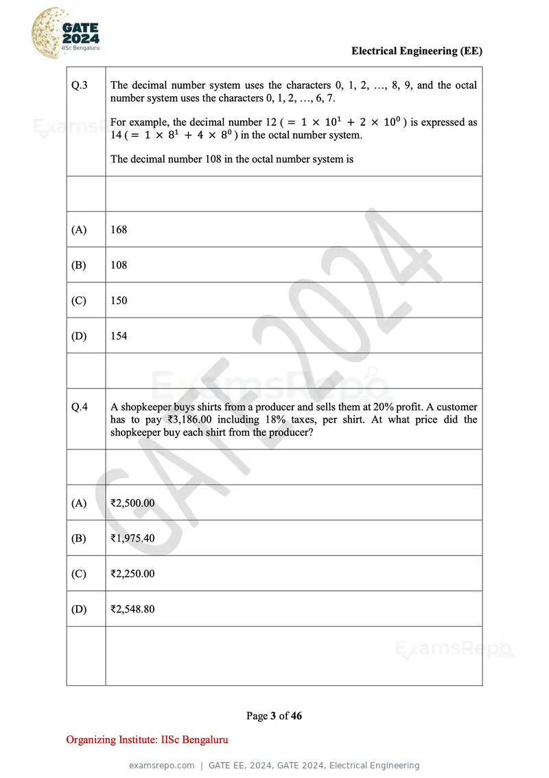 GATE EE 2024 question paper, GATE 2024, Electrical Engineering, page 3 of 46