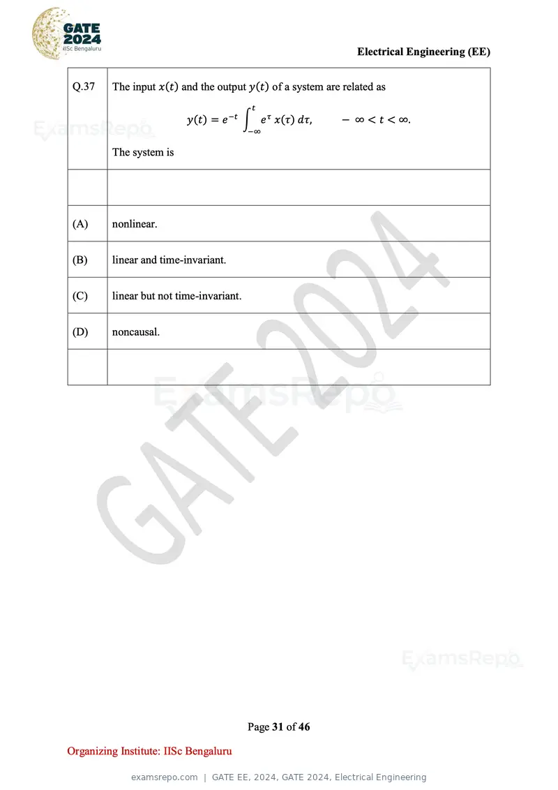 GATE EE 2024 question paper, GATE 2024, Electrical Engineering, page 31 of 46