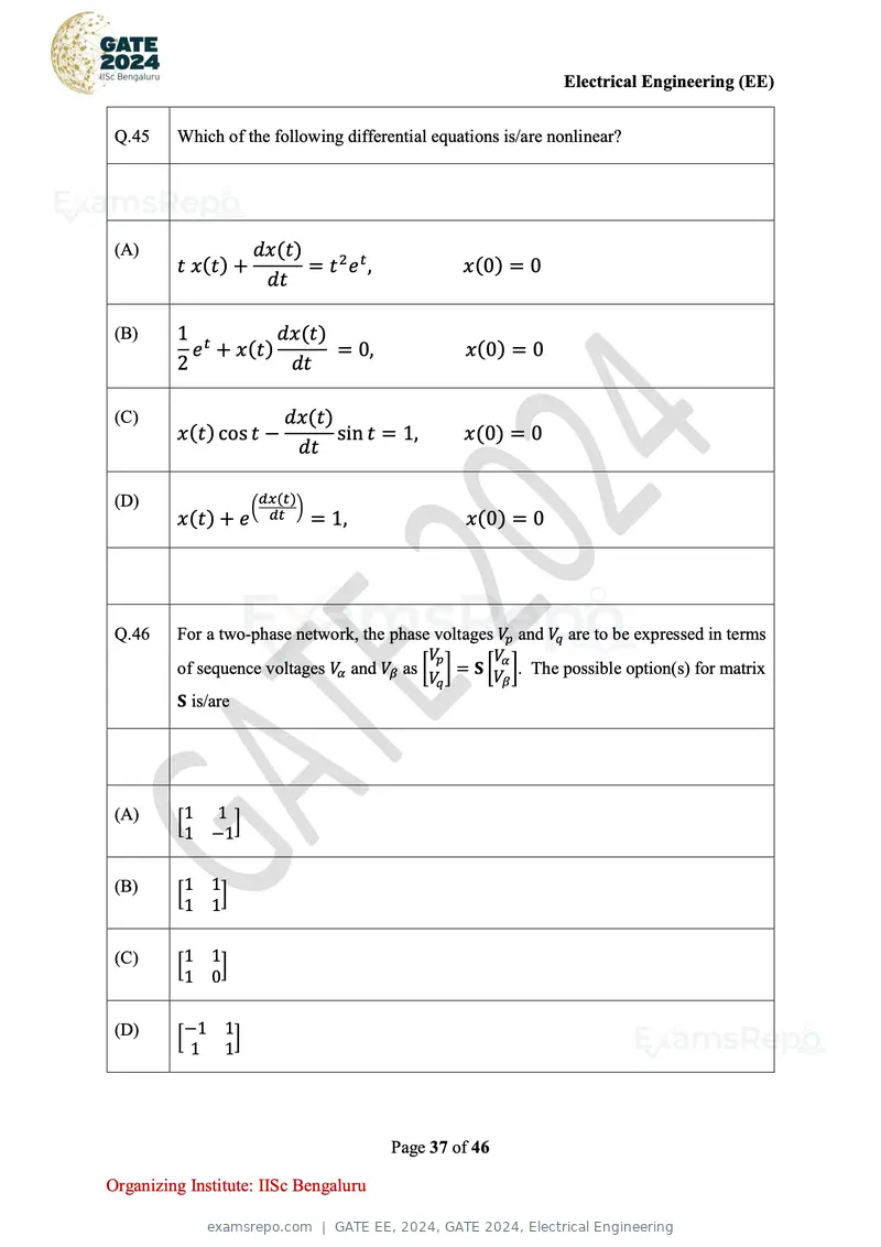 GATE EE 2024 question paper, GATE 2024, Electrical Engineering, page 37 of 46