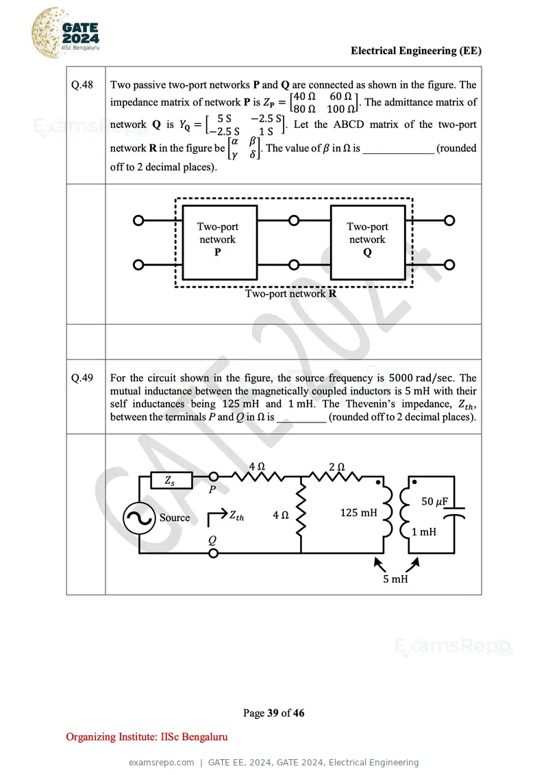 GATE EE 2024 question paper, GATE 2024, Electrical Engineering, page 39 of 46