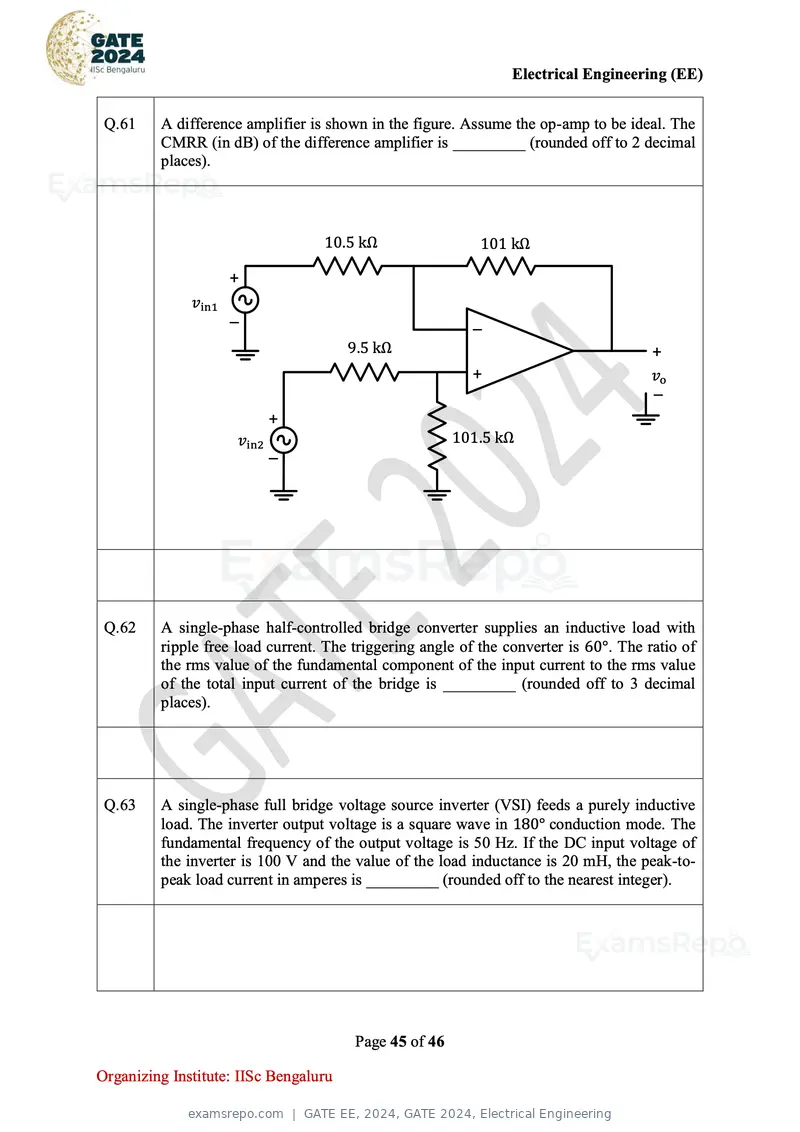 GATE EE 2024 question paper, GATE 2024, Electrical Engineering, page 45 of 46