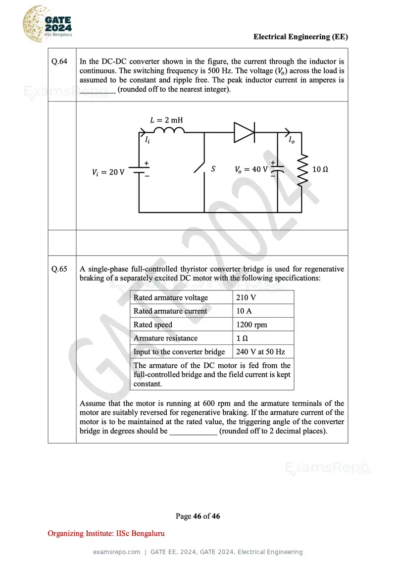 GATE EE 2024 question paper, GATE 2024, Electrical Engineering, page 46 of 46