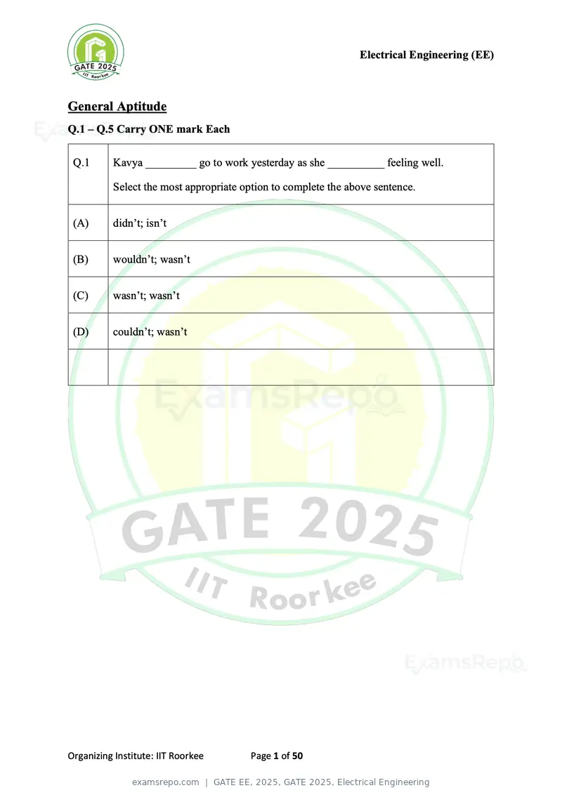 GATE EE 2025 question paper, GATE 2025, Electrical Engineering, page 1 of 50