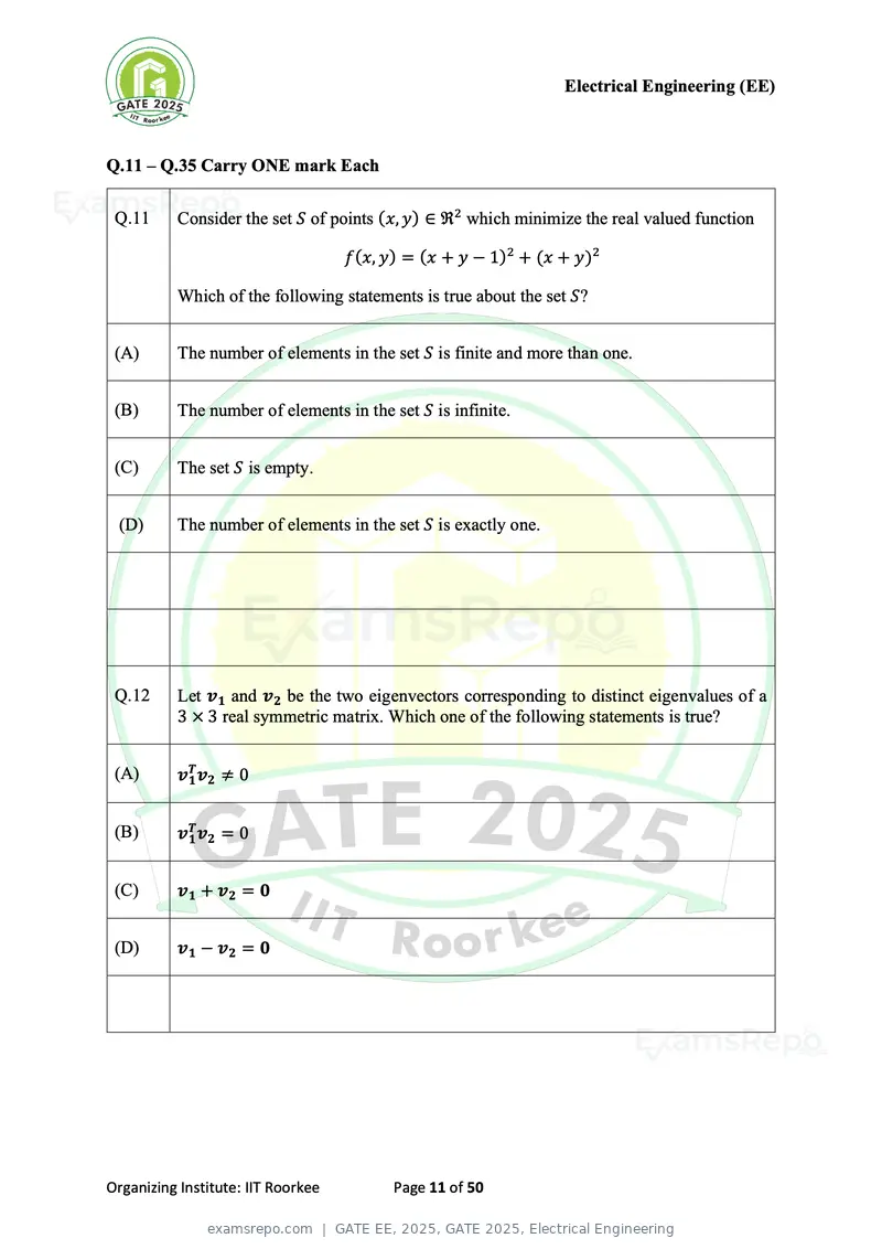 GATE EE 2025 question paper, GATE 2025, Electrical Engineering, page 11 of 50