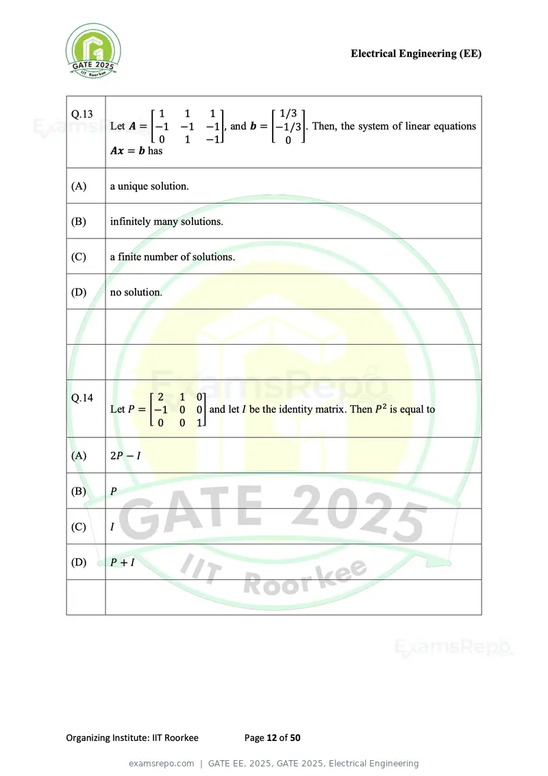 GATE EE 2025 question paper, GATE 2025, Electrical Engineering, page 12 of 50