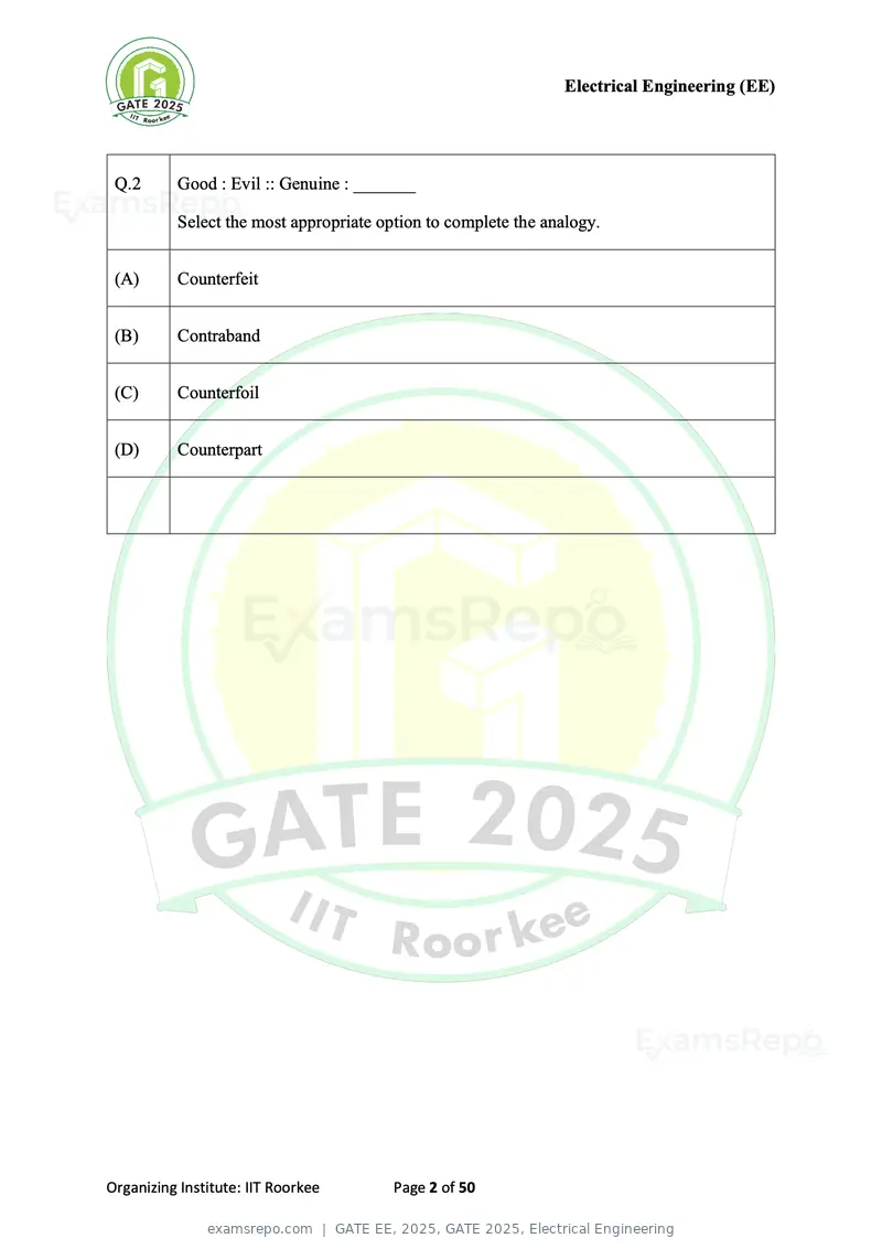 GATE EE 2025 question paper, GATE 2025, Electrical Engineering, page 2 of 50
