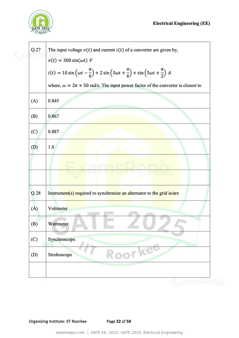 GATE EE 2025 question paper, GATE 2025, Electrical Engineering, page 22 of 50