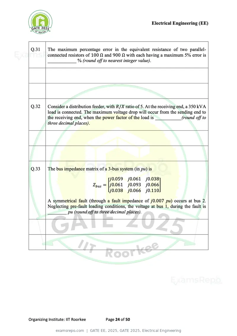 GATE EE 2025 question paper, GATE 2025, Electrical Engineering, page 24 of 50