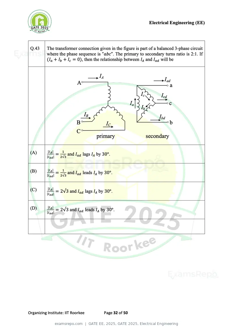 GATE EE 2025 question paper, GATE 2025, Electrical Engineering, page 32 of 50