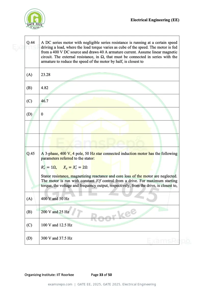 GATE EE 2025 question paper, GATE 2025, Electrical Engineering, page 33 of 50