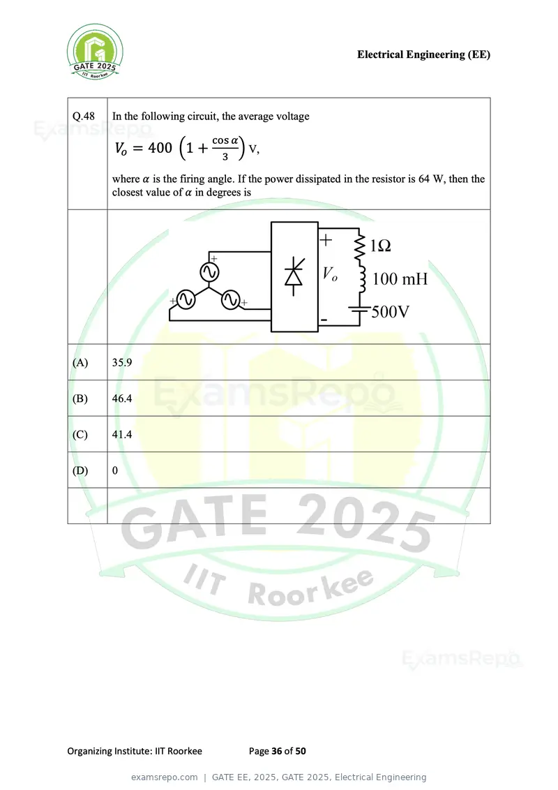 GATE EE 2025 question paper, GATE 2025, Electrical Engineering, page 36 of 50