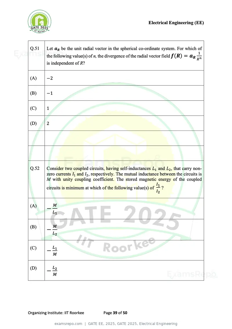 GATE EE 2025 question paper, GATE 2025, Electrical Engineering, page 39 of 50