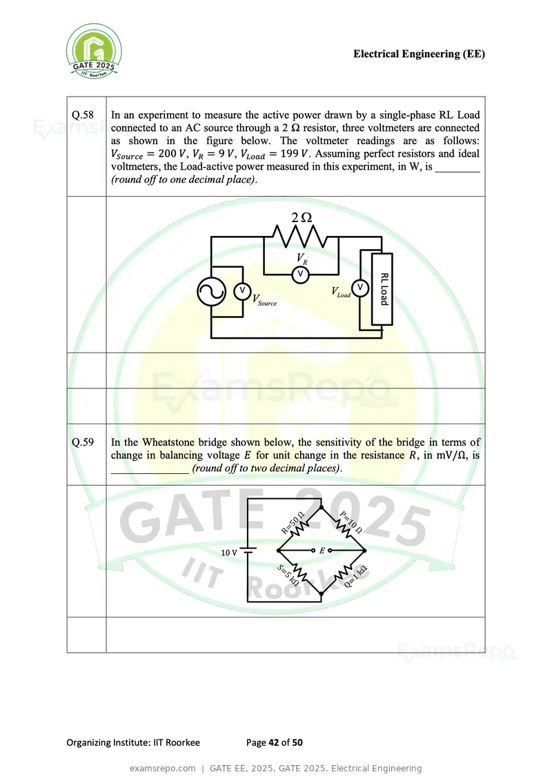 GATE EE 2025 question paper, GATE 2025, Electrical Engineering, page 42 of 50