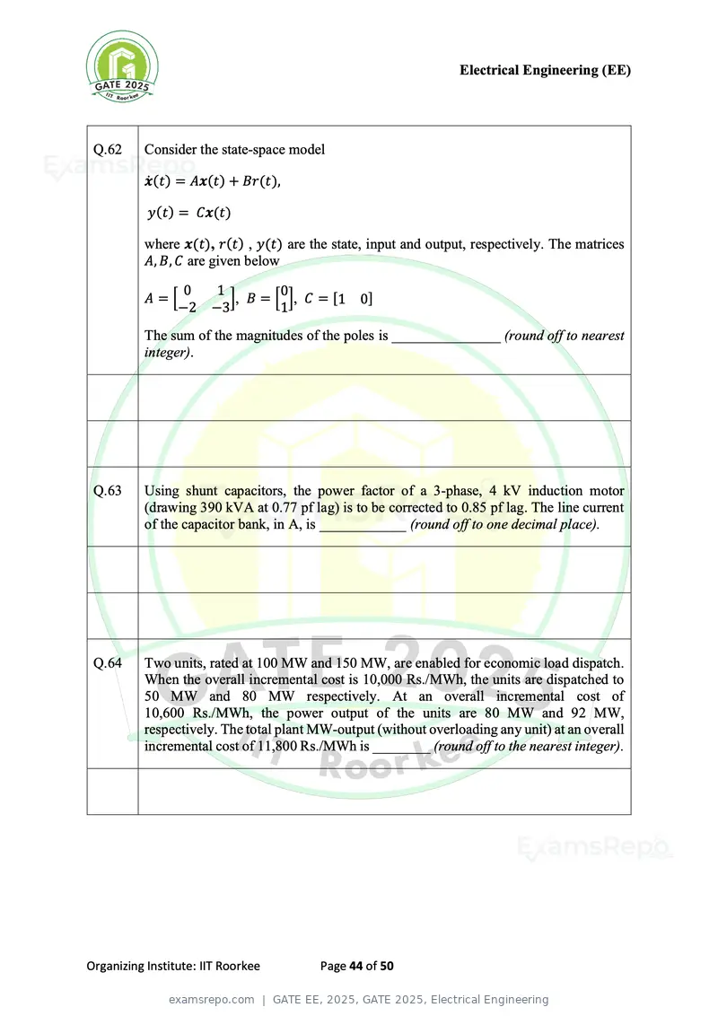 GATE EE 2025 question paper, GATE 2025, Electrical Engineering, page 44 of 50