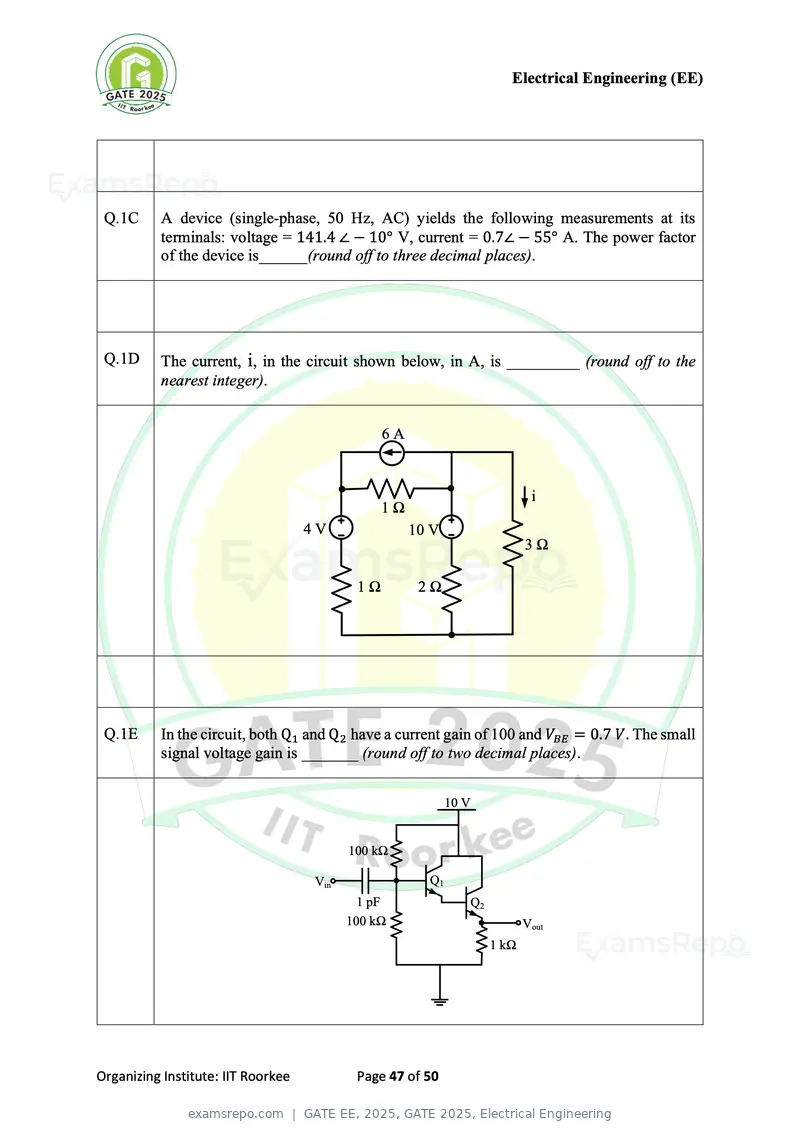 GATE EE 2025 question paper, GATE 2025, Electrical Engineering, page 47 of 50