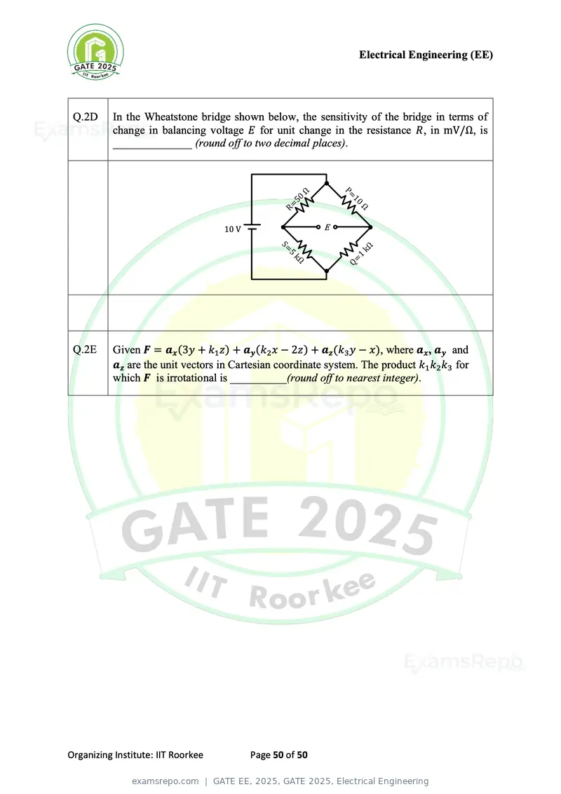 GATE EE 2025 question paper, GATE 2025, Electrical Engineering, page 50 of 50