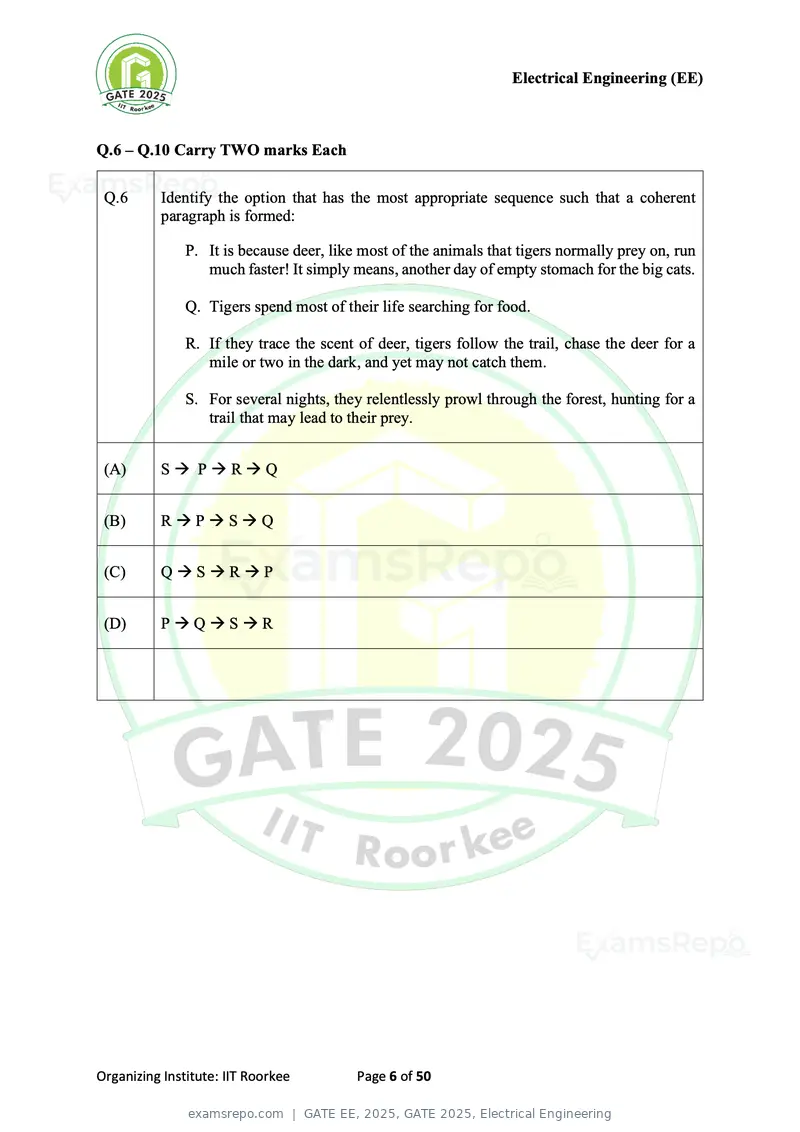 GATE EE 2025 question paper, GATE 2025, Electrical Engineering, page 6 of 50