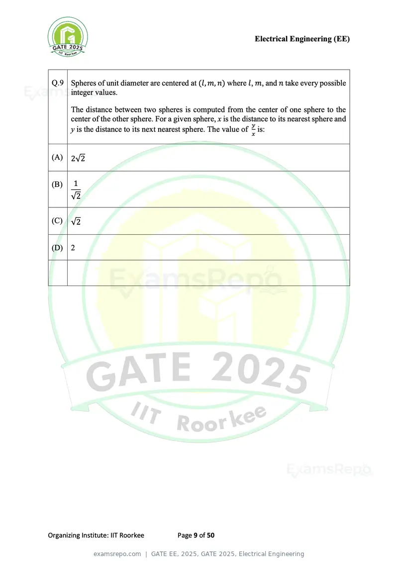 GATE EE 2025 question paper, GATE 2025, Electrical Engineering, page 9 of 50