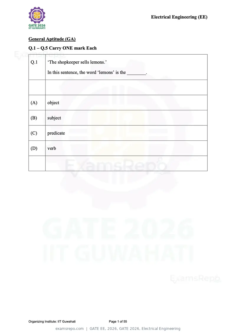 GATE EE 2026 question paper, GATE 2026, Electrical Engineering, page 1 of 55