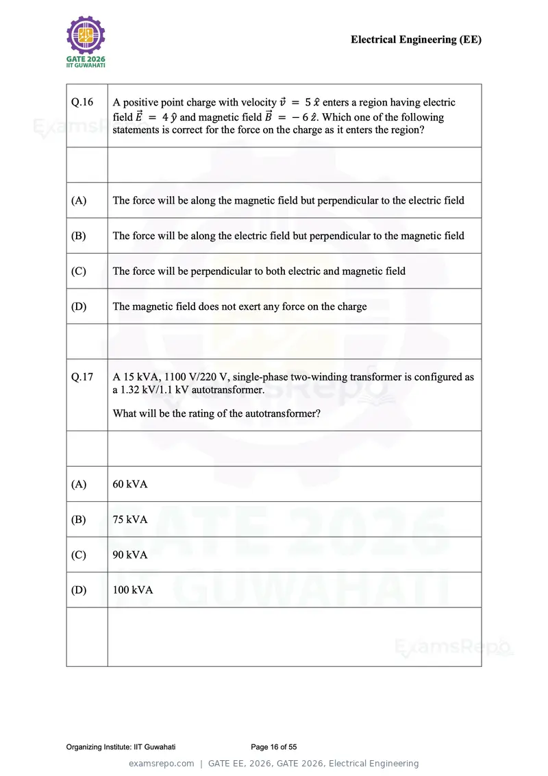 GATE EE 2026 question paper, GATE 2026, Electrical Engineering, page 16 of 55