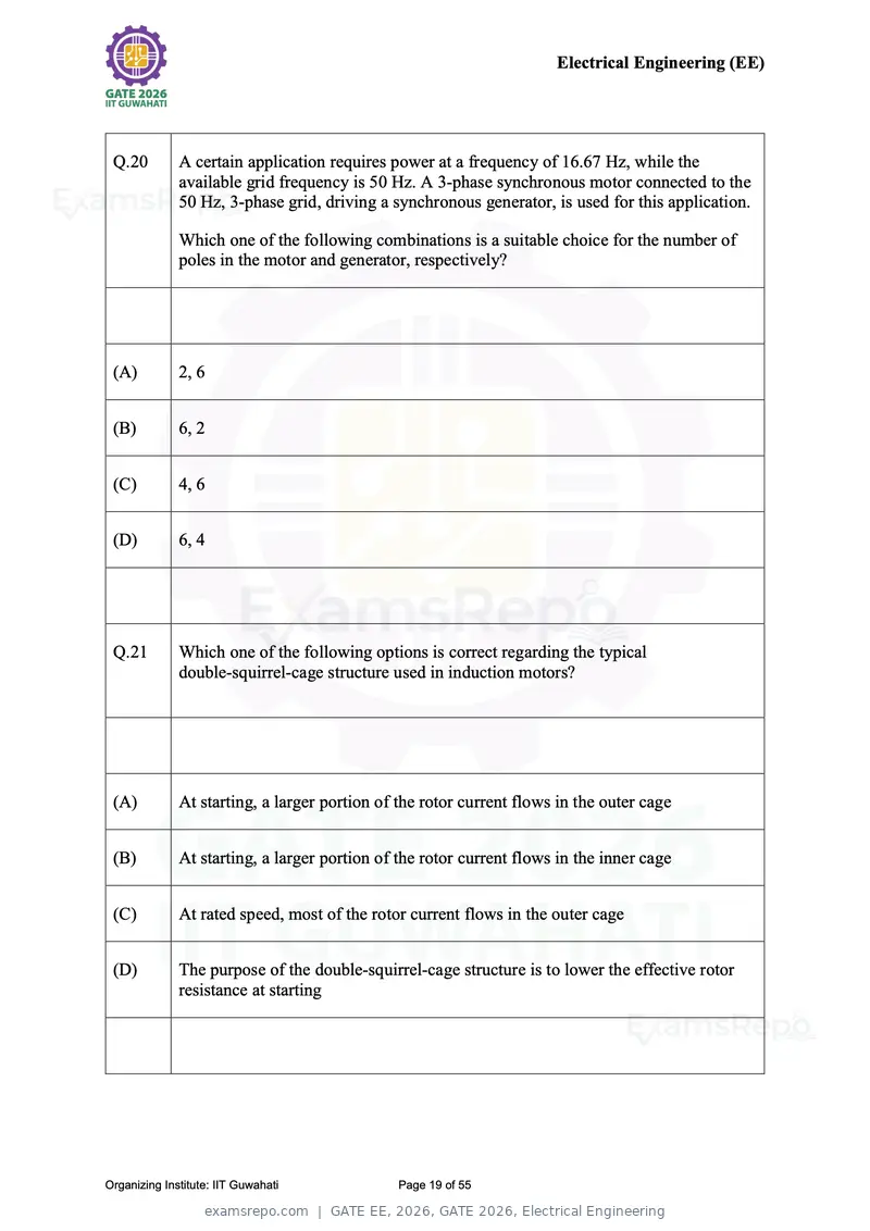 GATE EE 2026 question paper, GATE 2026, Electrical Engineering, page 19 of 55