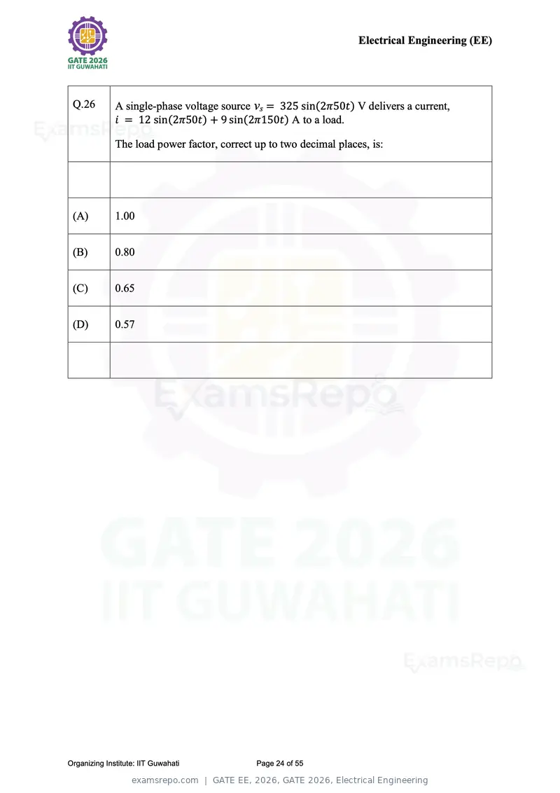 GATE EE 2026 question paper, GATE 2026, Electrical Engineering, page 24 of 55