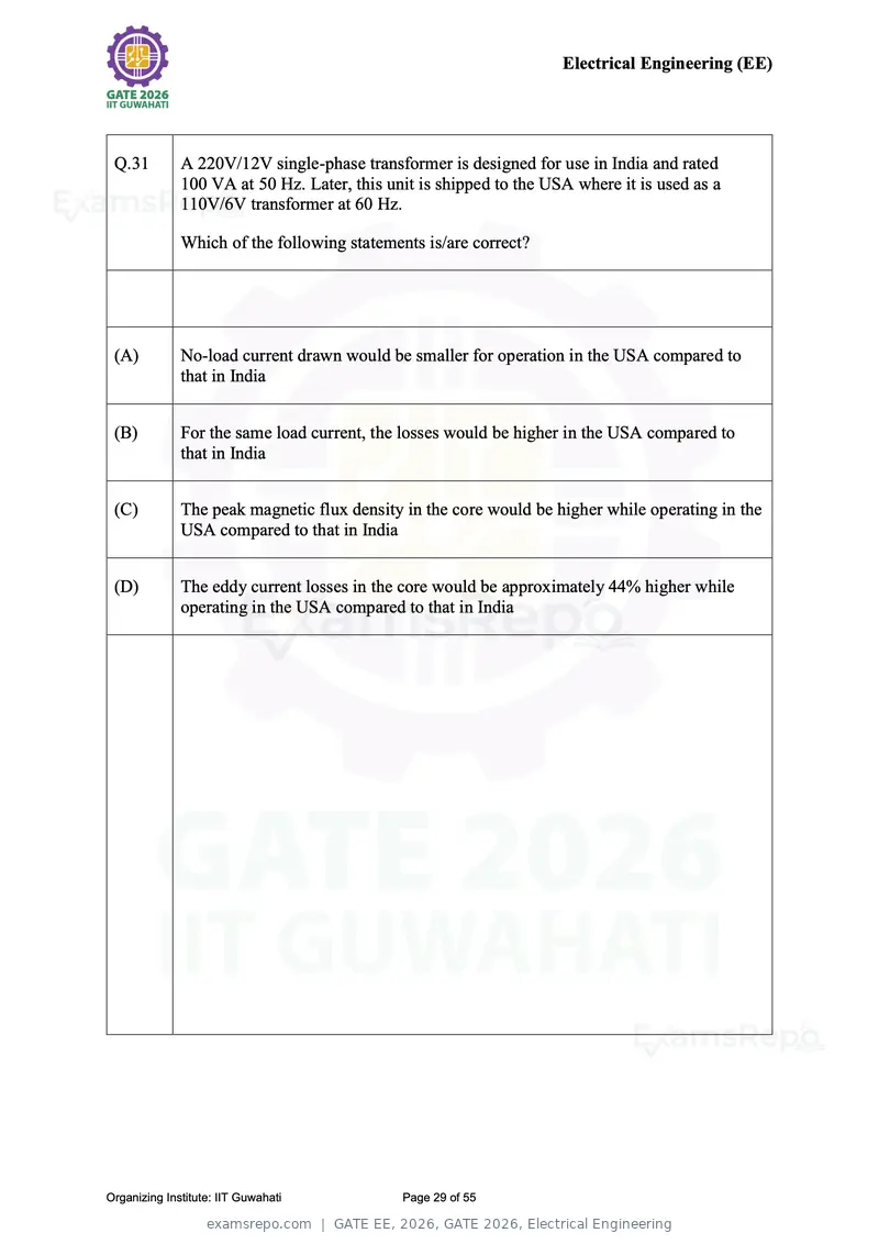 GATE EE 2026 question paper, GATE 2026, Electrical Engineering, page 29 of 55