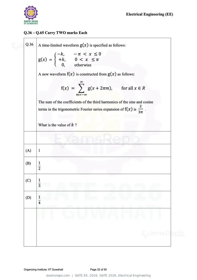 GATE EE 2026 question paper, GATE 2026, Electrical Engineering, page 32 of 55