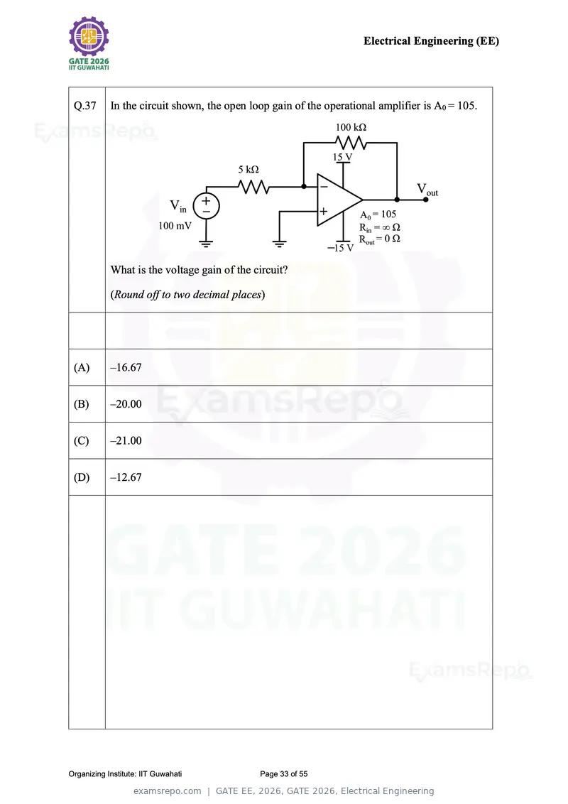 GATE EE 2026 question paper, GATE 2026, Electrical Engineering, page 33 of 55