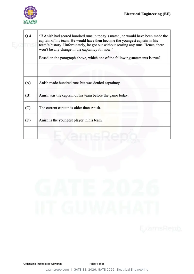 GATE EE 2026 question paper, GATE 2026, Electrical Engineering, page 4 of 55