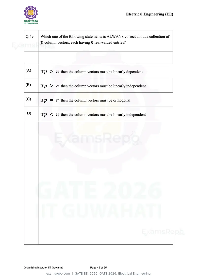 GATE EE 2026 question paper, GATE 2026, Electrical Engineering, page 45 of 55