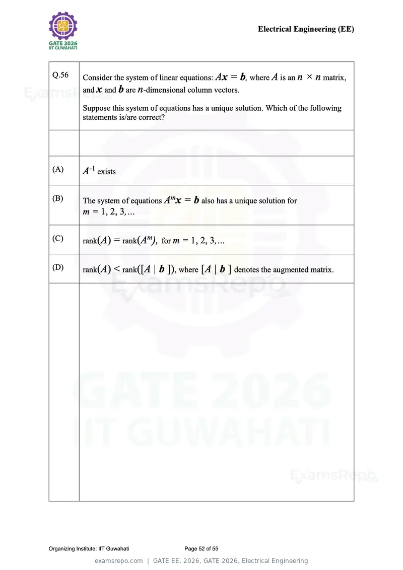 GATE EE 2026 question paper, GATE 2026, Electrical Engineering, page 52 of 55