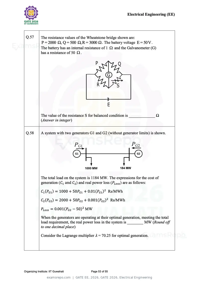 GATE EE 2026 question paper, GATE 2026, Electrical Engineering, page 53 of 55