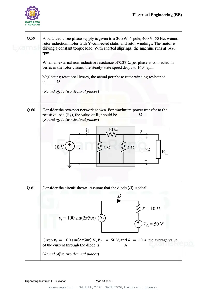 GATE EE 2026 question paper, GATE 2026, Electrical Engineering, page 54 of 55