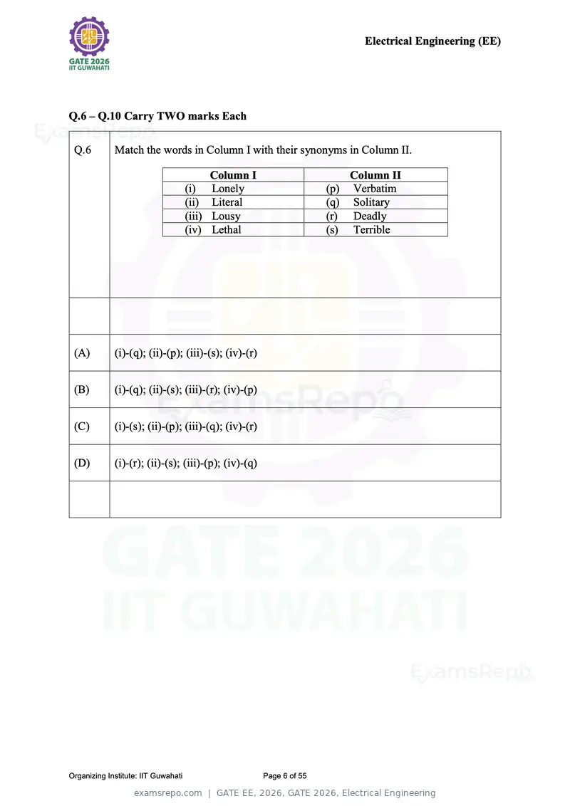 GATE EE 2026 question paper, GATE 2026, Electrical Engineering, page 6 of 55