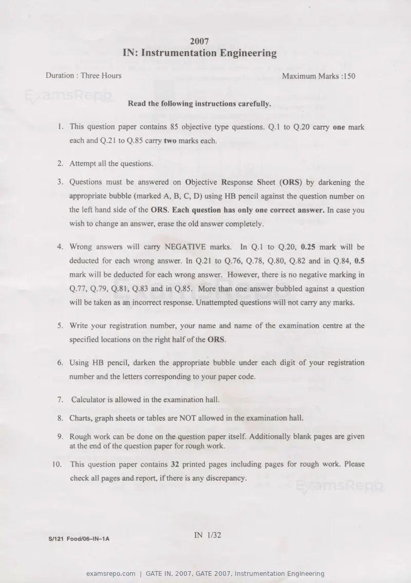 GATE IN 2007 question paper, GATE 2007, Instrumentation Engineering, page 1 of 27