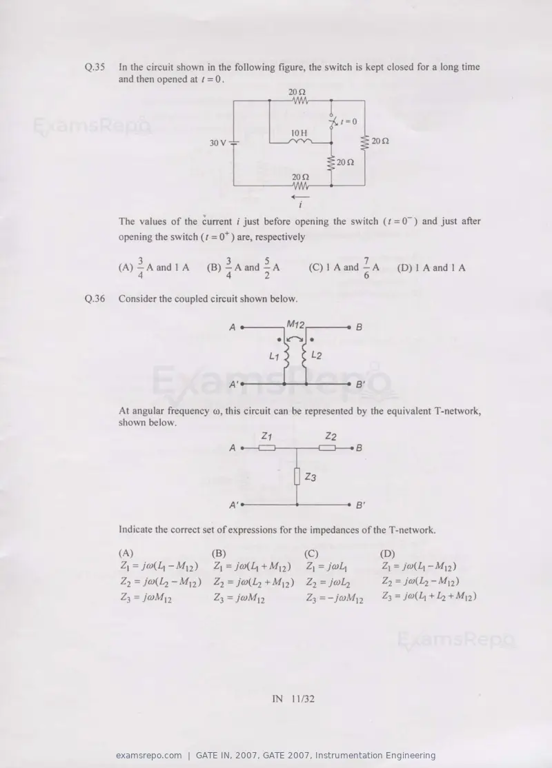 GATE IN 2007 question paper, GATE 2007, Instrumentation Engineering, page 11 of 27