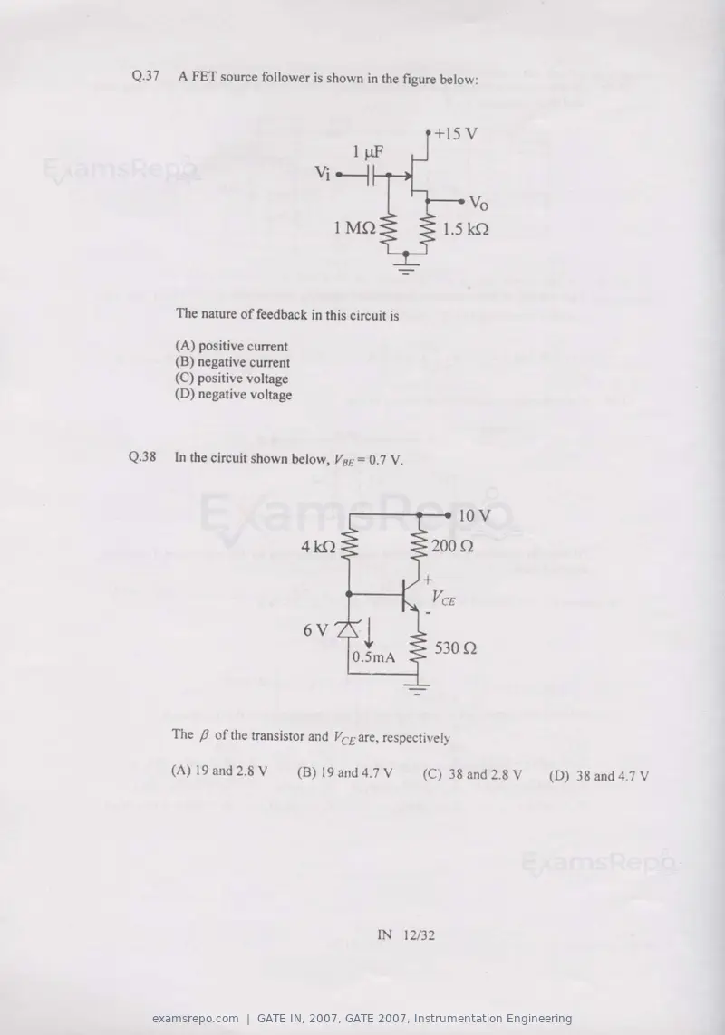 GATE IN 2007 question paper, GATE 2007, Instrumentation Engineering, page 12 of 27